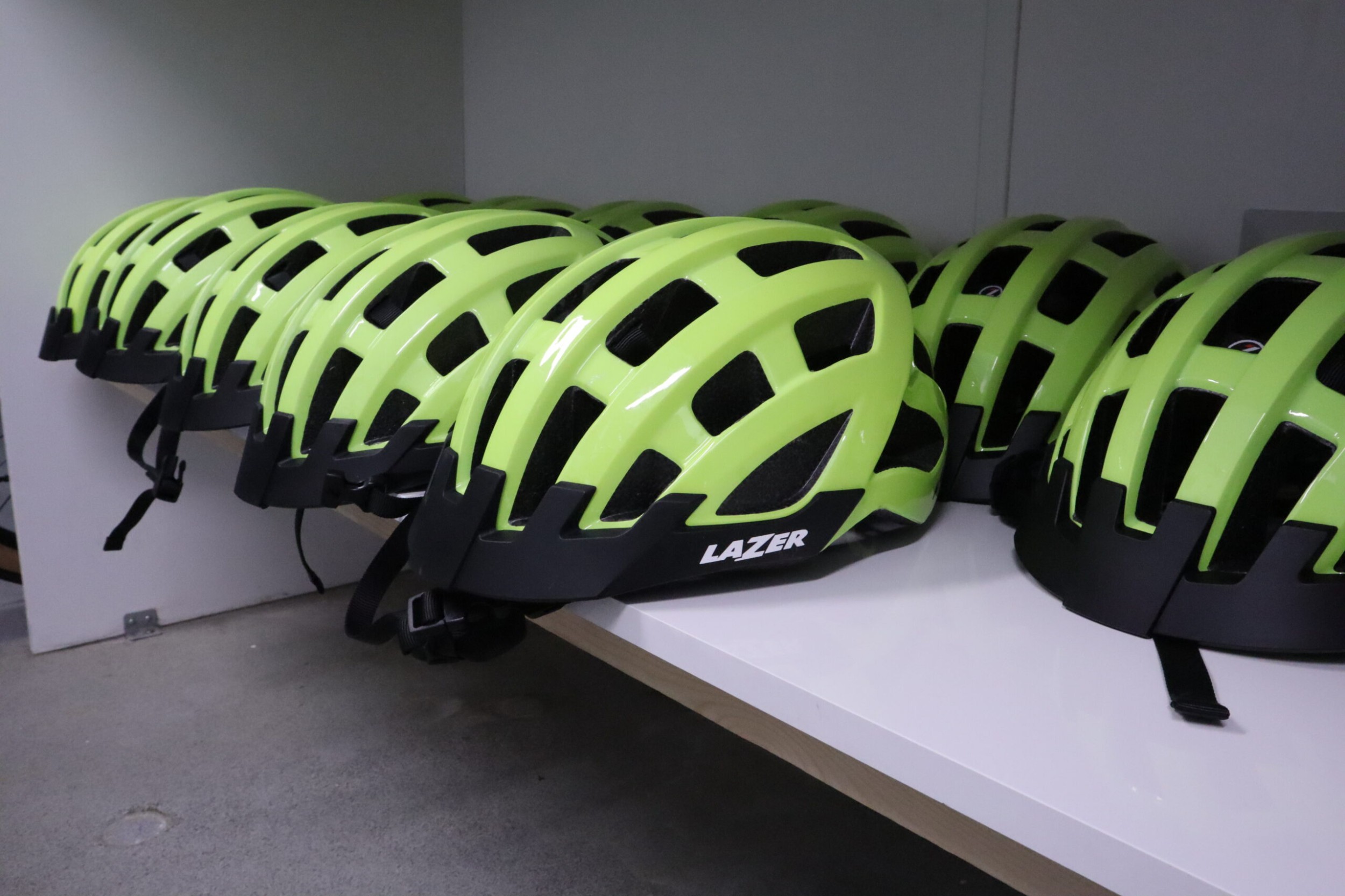 Bike helmets on a rack