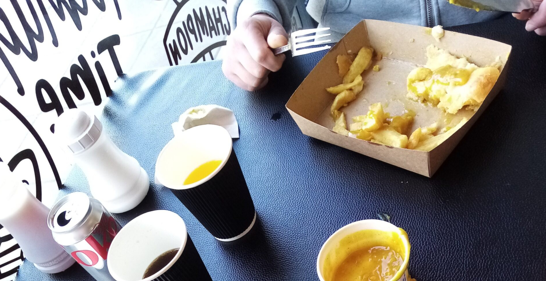 Fish and chips on a table